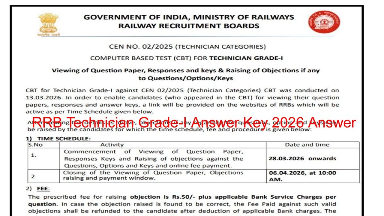 RRB Technician Grade-I Answer Key 2026